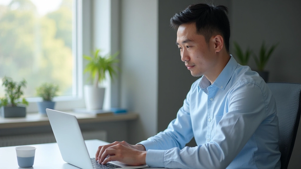 Professionele man werkt gefocust aan laptop in moderne kantooromgeving met natuurlijk licht