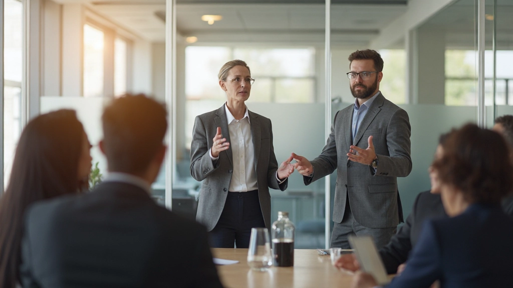 Zelfverzekerde zakenleider presenteert ideeën voor team in conferentieruimte