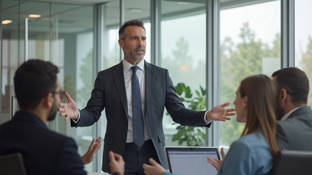 Zelfverzekerde zakenleider presenteert ideeën voor team in conferentieruimte