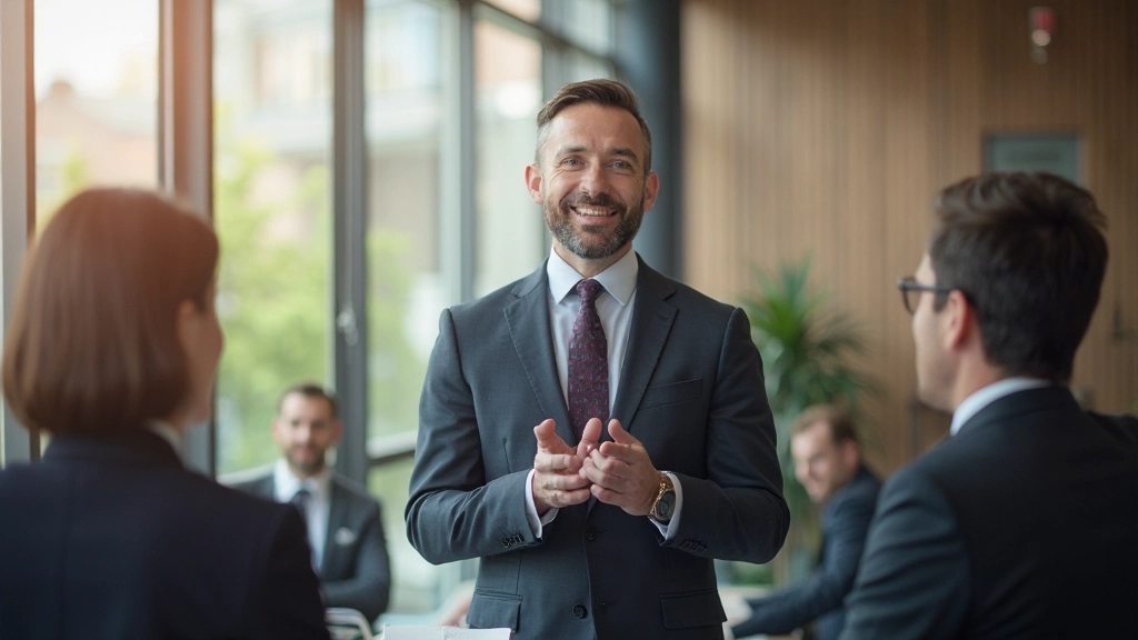 Zelfverzekerde zakenleider spreekt met team in kantooromgeving