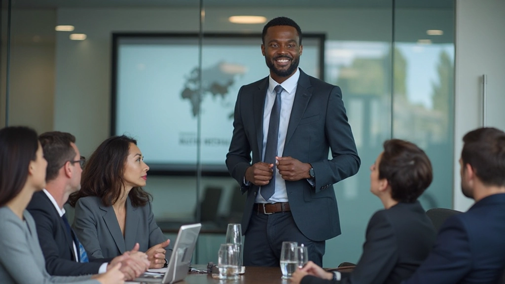 Professionele leider inspireert team tijdens teamvergadering in moderne conferentieruimte