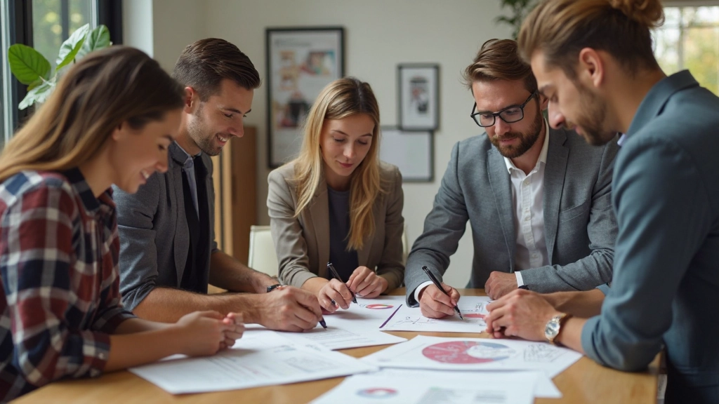 Diverse teamleden werken samen aan project in moderne kantooromgeving