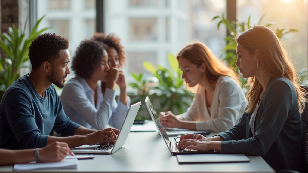 Diverse professionele teamleden die samenwerken in modern kantoor