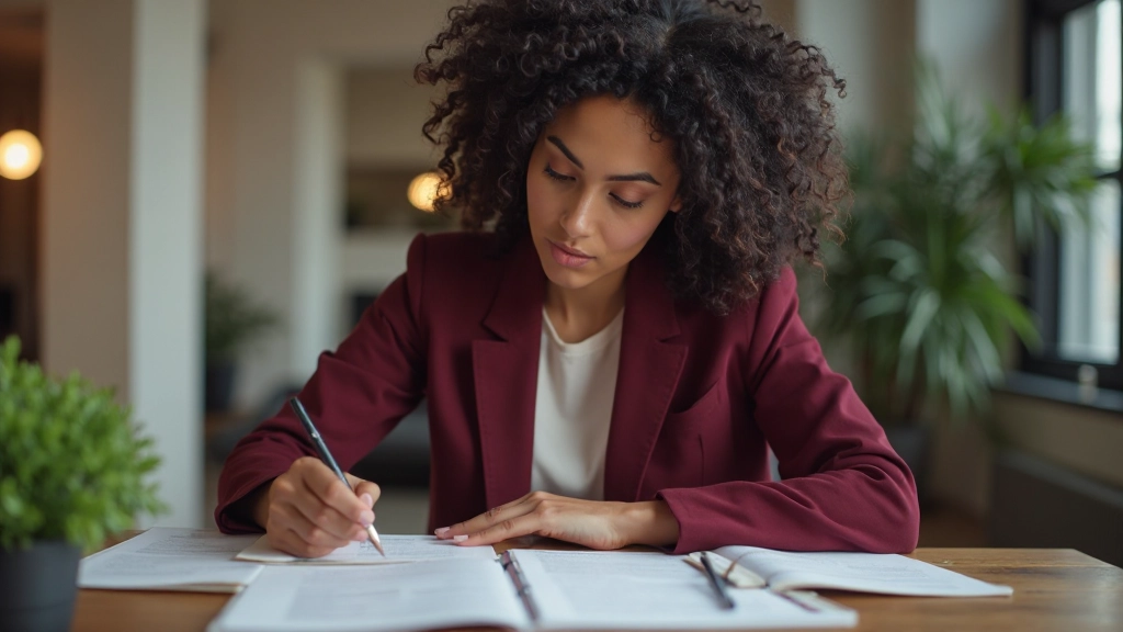 Diverse vrouw in professionele omgeving raadpleegt documenten en noteert bevindingen op werkblad