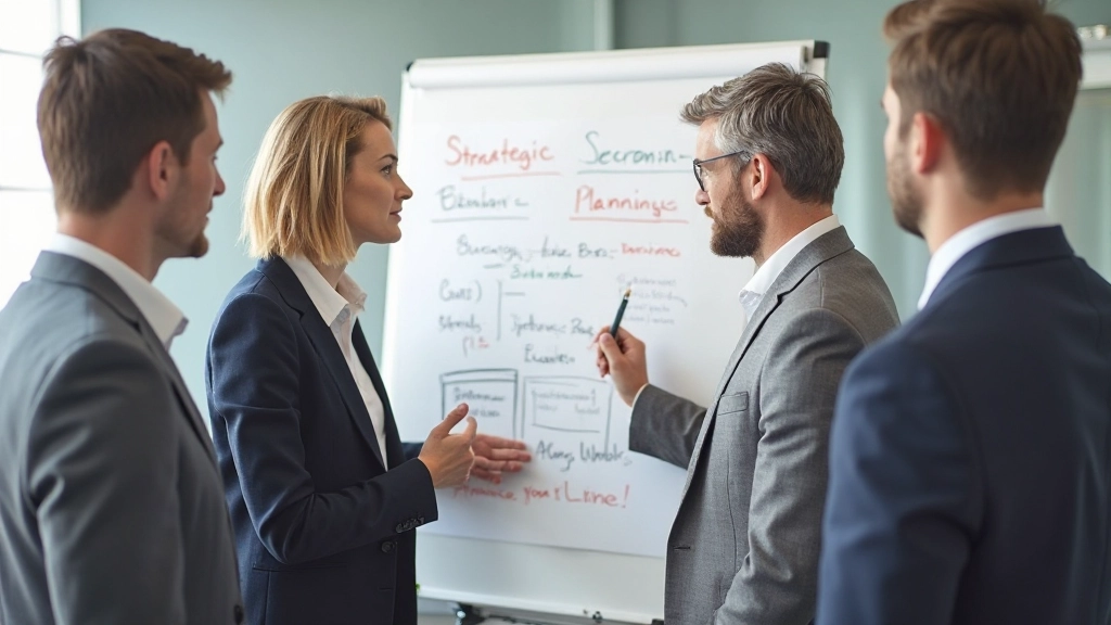Professioneel team tijdens strategische planningsvergadering met whiteboard en notities