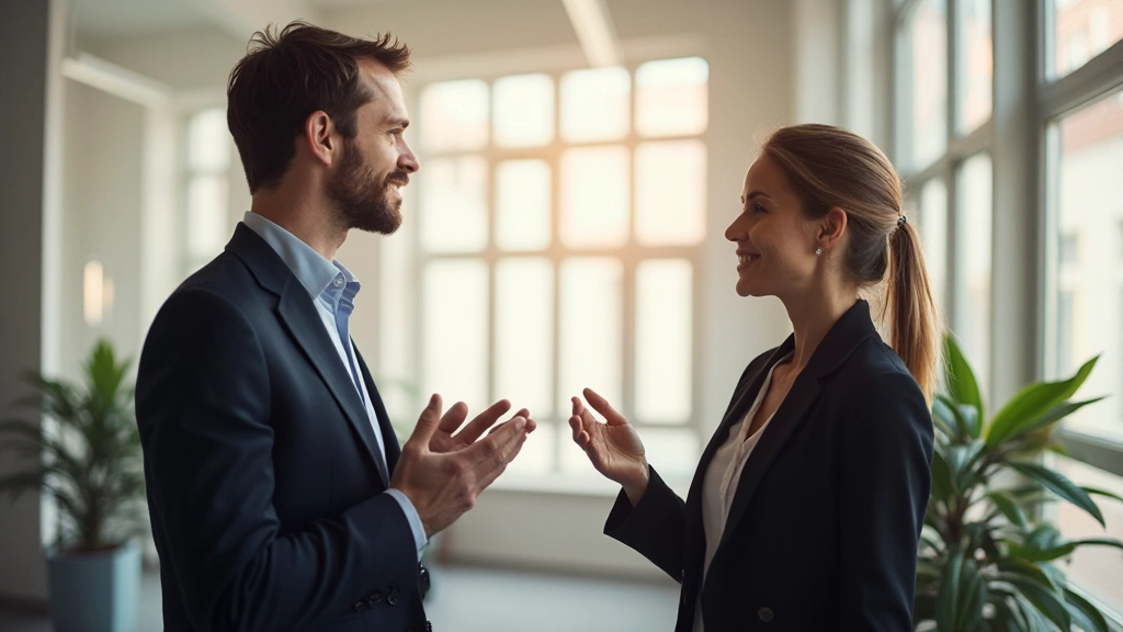 Twee professionals in gesprek over communicatie en samenwerking in kantooromgeving