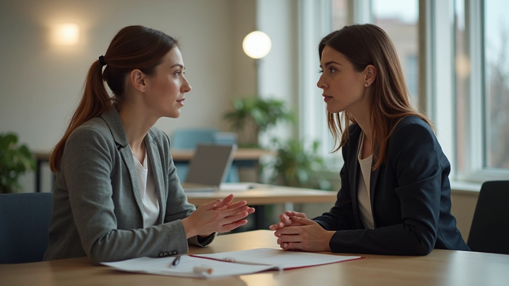 Twee professionele vrouwen mediëren constructief gesprek in rustig kantoor