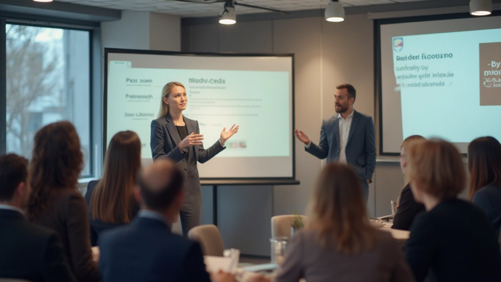 Professionele vrouw geeft duidelijke presentatie aan een attent publiek in conferentieruimte
